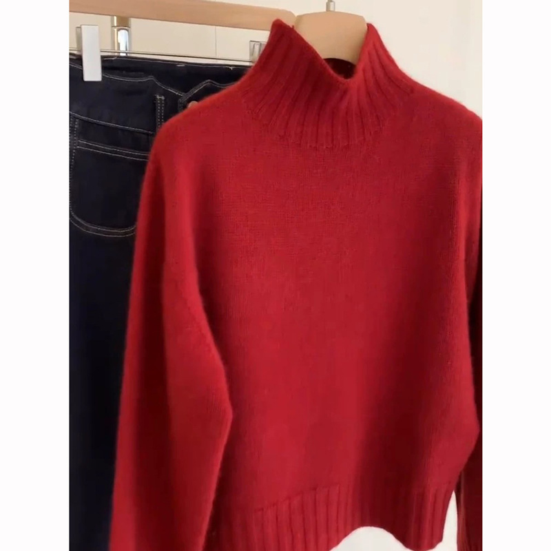 2025冬红色半高领100纯山衫女新年红本命年打底毛衣