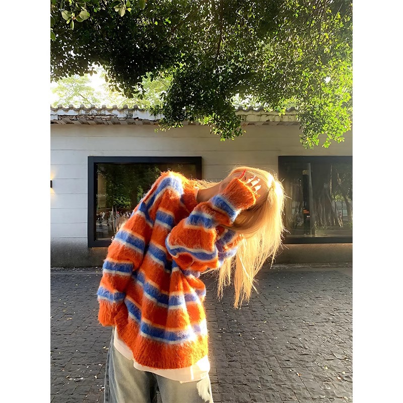 美式多巴胺撞色针织衫套头毛衣女2024秋冬新款宽松休闲慵懒风上衣