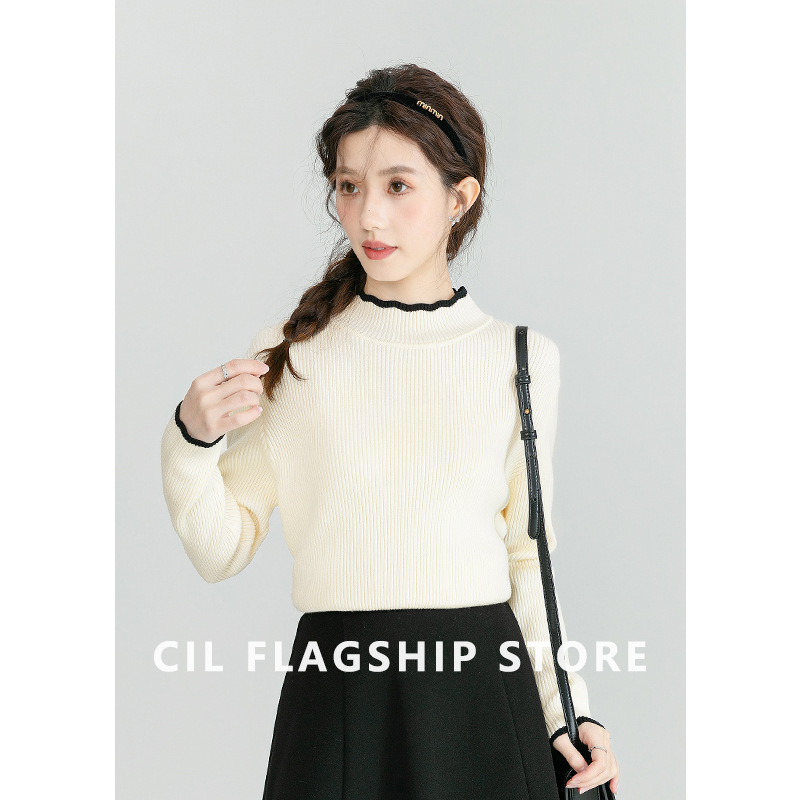 杏色半高领毛衣女2024秋冬新款内搭加厚保暖温柔打底针织衫上衣