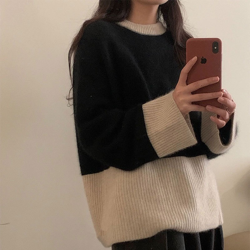 拼色加厚圆领毛衣女纯山秋冬季宽松软糯慵懒风针织衫
