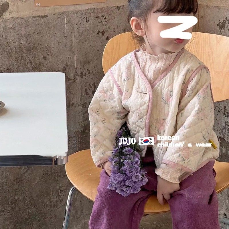 한국 아동 의류 소녀 꽃 무늬 재킷 2024 가을 스타일 유행  달콤한 면화 의류 아동 퀼트 작은 면화 패딩 재킷