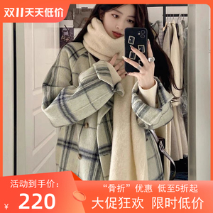 格子毛呢外套女中长款2023秋冬季新款韩系宽松加厚赫本风呢子大衣
