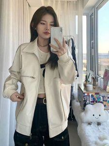 美式复古皮衣白色秋冬外套女爆款新款潮ins设计感宽松休闲港风