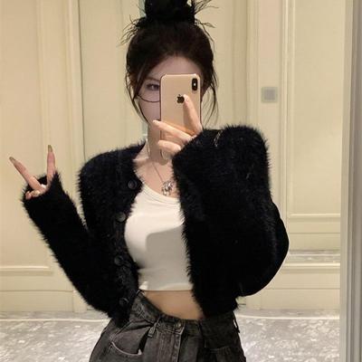 毛茸茸毛衣开衫女短款水貂绒外套