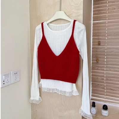 叠穿v领针织衫马甲背心蕾丝长袖