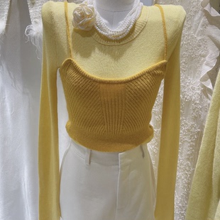 十三行秋季新款圆领撞色拼接假两件针织衫吊带背心长袖短款上衣女