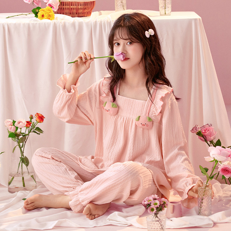粉色小猪公主风带胸垫纯棉女童睡衣长袖长裤春秋韩版可爱家居服薄