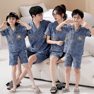 亲子装睡衣夏季纯棉短袖一家三口四口母女儿童韩版学生薄款家居服
