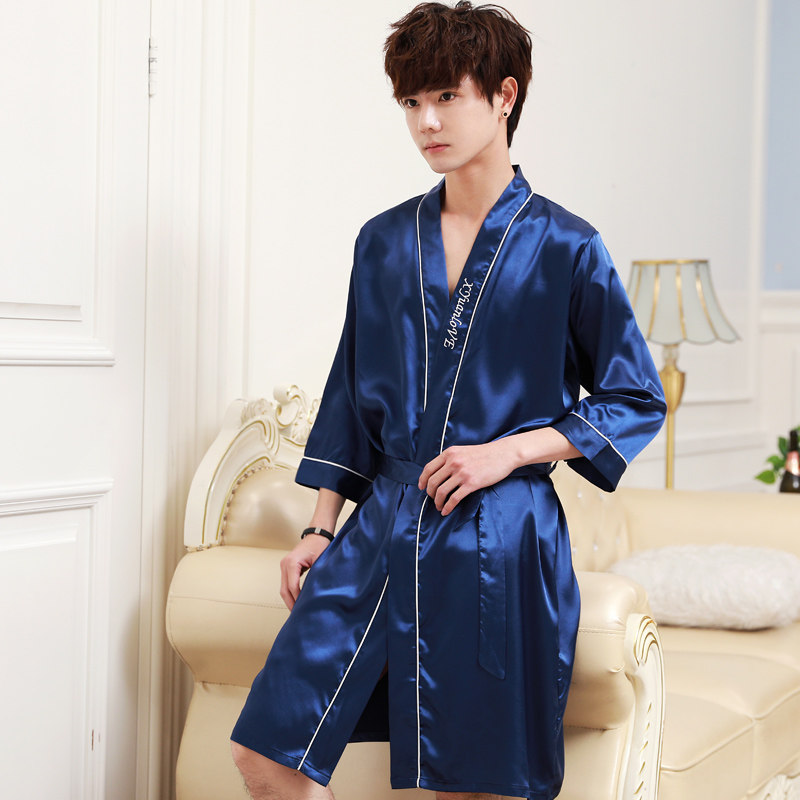 春夏季长袖睡袍薄款冰丝睡衣男家居服长款男士青年大码宽松浴袍男