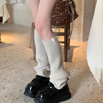 Wuuuus 复古琥珀系针织袜套女长筒布标堆堆袜日系竖纹雪地靴腿套