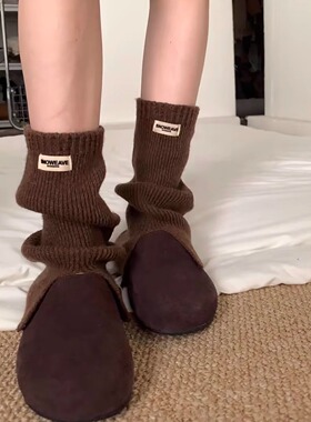 Wuuuus 复古堆堆袜子女秋冬羊毛布标袜套开叉中筒保暖腿套jk靴套