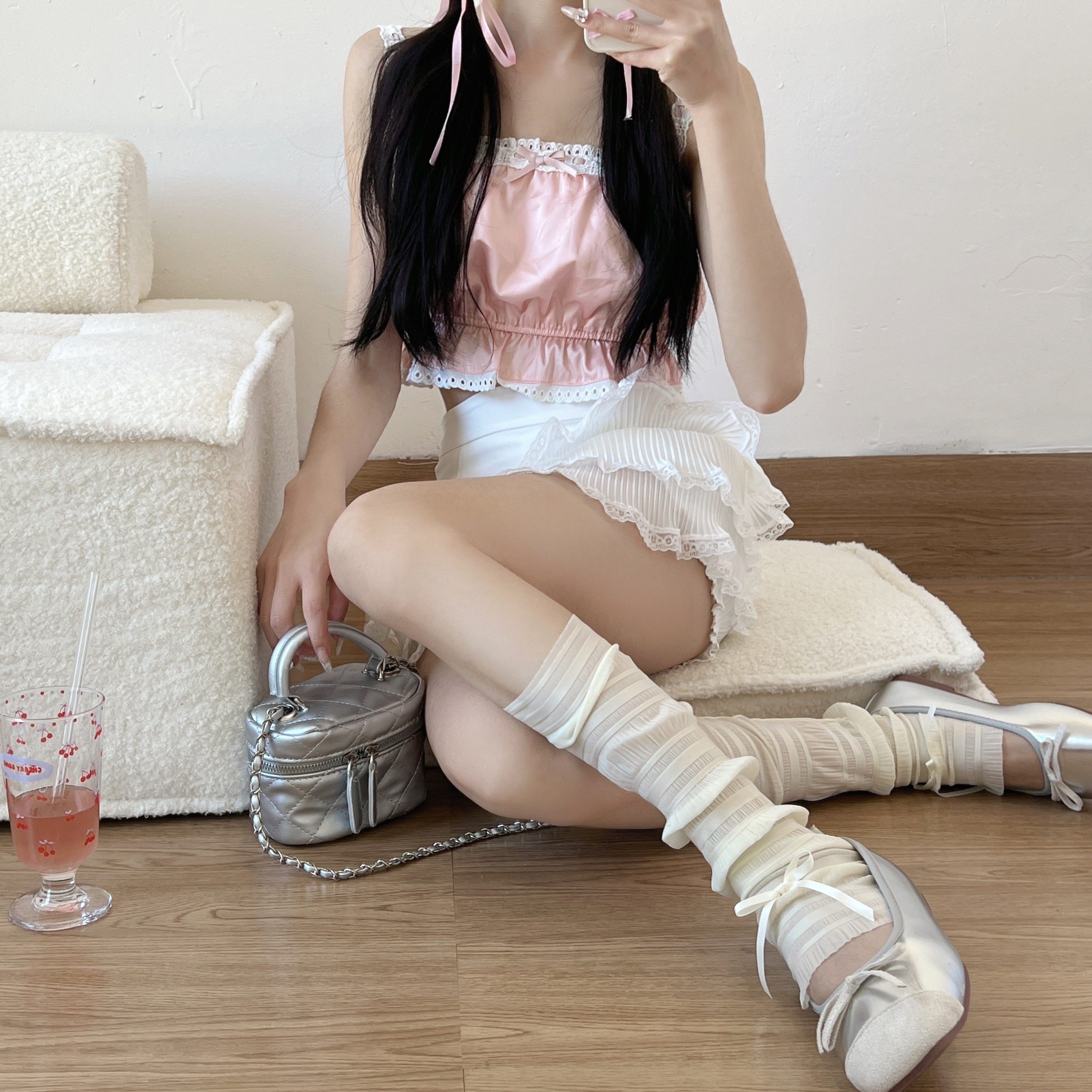 Wuuuus 奶白芭蕾风袜套夏季女冰丝蝴蝶结堆堆袜黑色腿套jk小腿袜