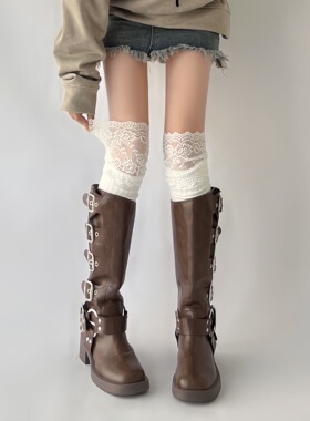 Wuuuus 靴子袜子女秋冬蕾丝花边白色长筒过膝袜jk日系高筒堆堆袜