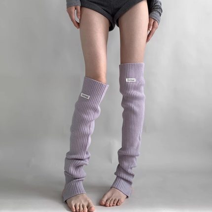 Wuuuus 灰色针织袜套女秋冬保暖长筒标签堆堆袜粉色搭鲨鱼裤腿套