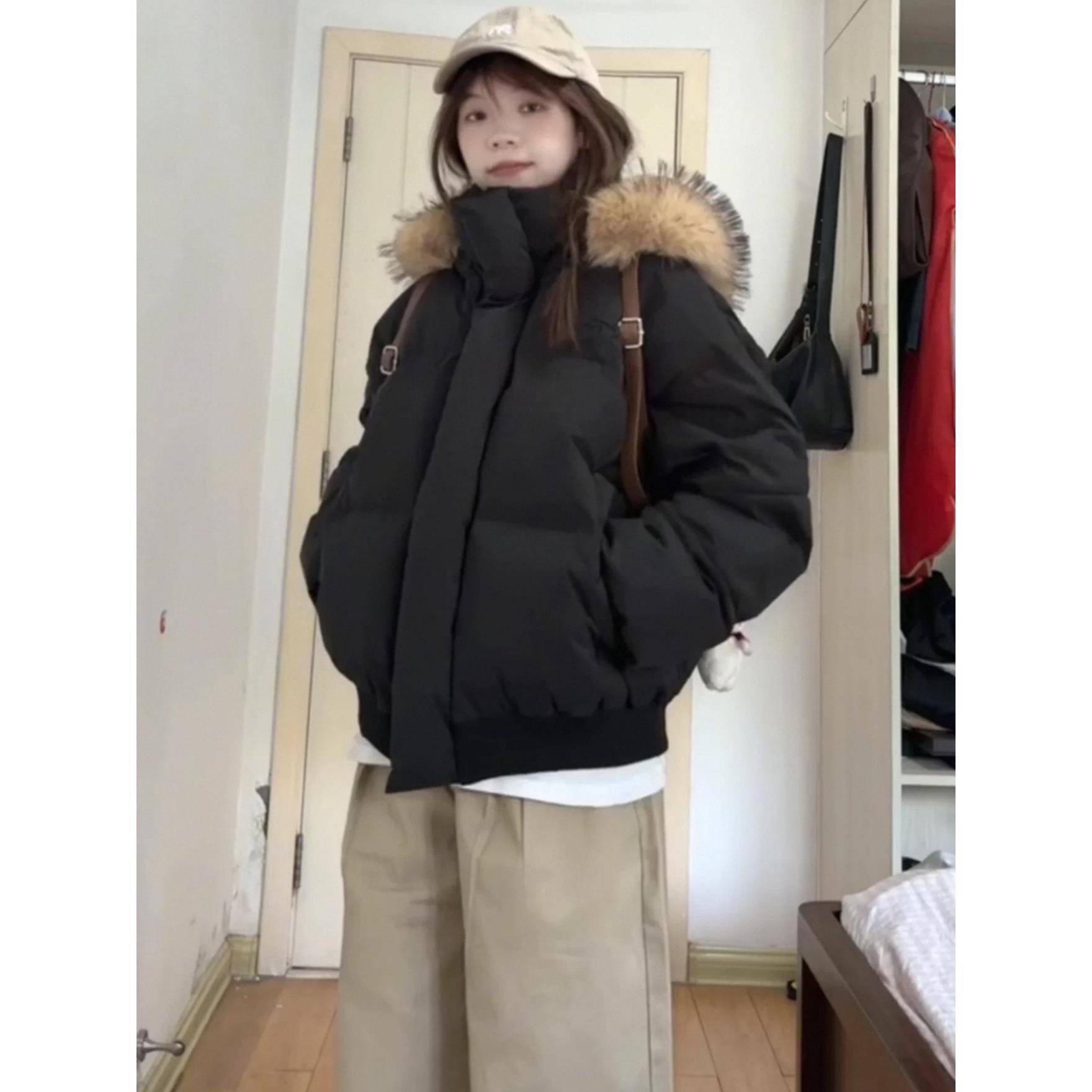 毛领连帽羽绒棉服女冬季2025新款宽松加厚保暖棉袄情侣派克服外套