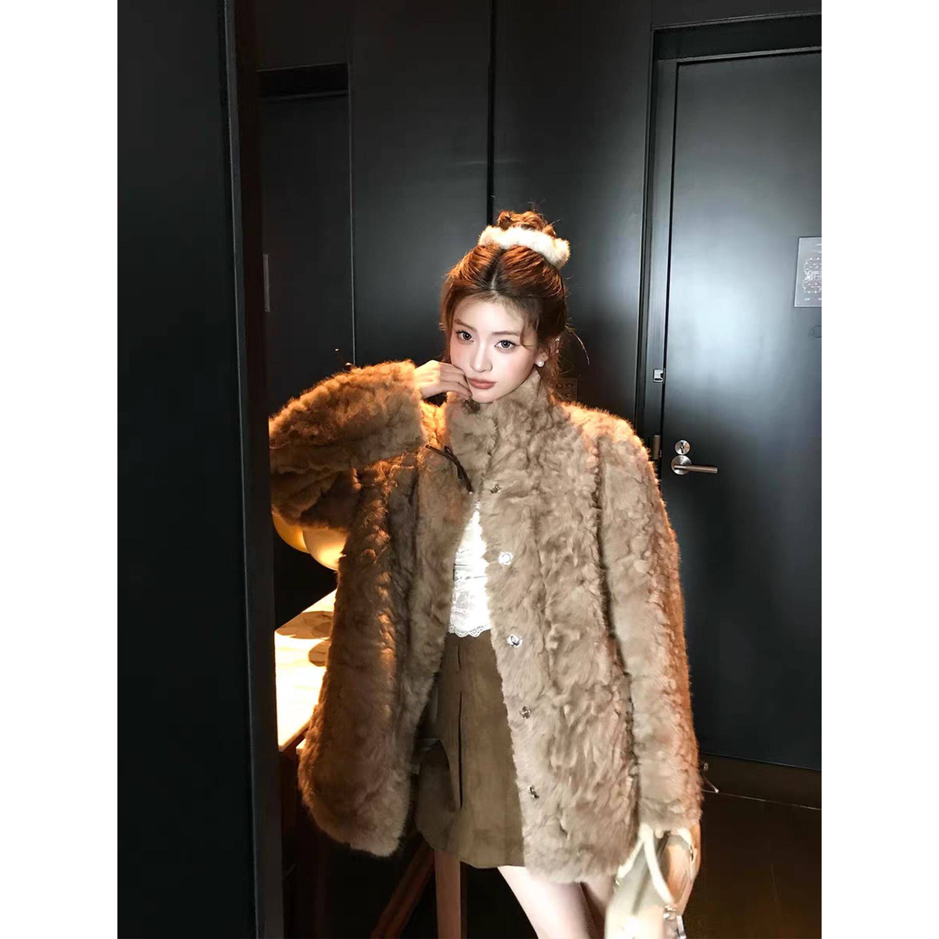 小熊心事 立领环保小湖羊皮草女冬皮毛一体毛毛外套气质显瘦保暖