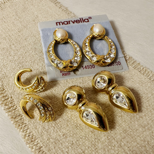 中古vintage首饰打标质感金色水钻人造珍珠耳钉款耳环SAL TRIFARI