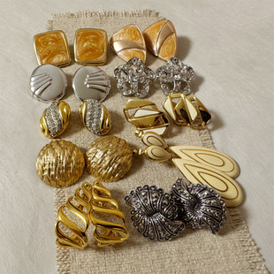 中古vintage首饰Monet PAT质感几何方块水钻打标耳夹 NAPIER