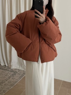 Wuli 面包服外套 25冬韩复古焦糖棕花边立领羽绒服女宽松保暖短款