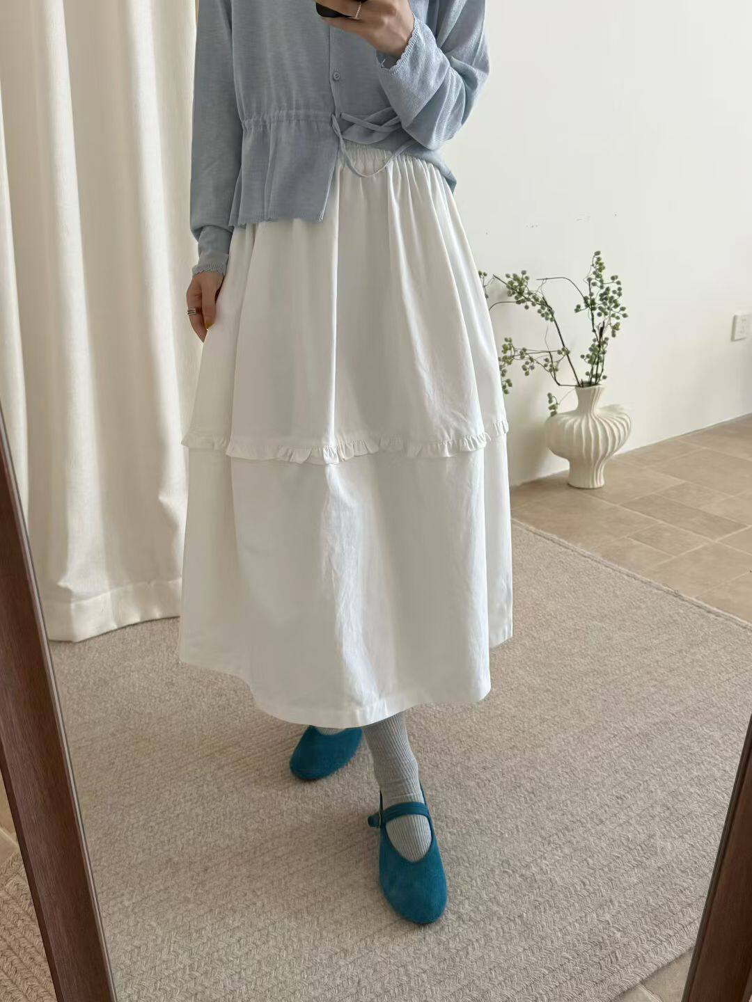 Wuli26春新款韩系甜美少女感白色花边半身裙高腰花苞长裙小个子