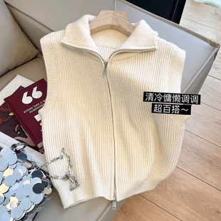 学院风复古立领坎肩针织马甲女秋季 设计感简约拉链毛衣马夹潮 新款