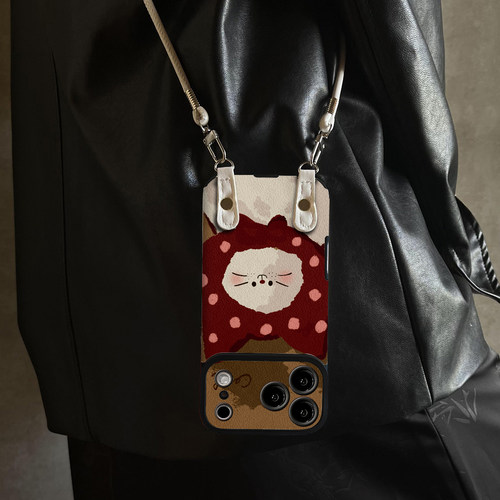 适用于苹果17promax手机壳带挂绳红头巾猫iphone14/16pro套硅胶xs全包防摔斜跨15ultra套网红11新款xr女13PRO