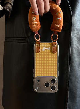 适用于苹果17promax手机壳带挂绳黄色格纹iphone14/16pro套硅胶xs全包防摔斜跨15ultra套网红11新款xr女13PRO