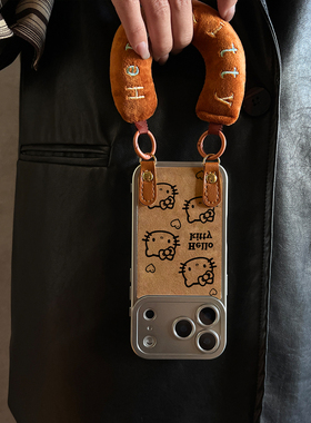 适用于苹果17promax手机壳带挂绳棕纹KT猫iphone14/16pro套硅胶xs全包防摔斜跨15ultra套网红11新款xr女13PRO