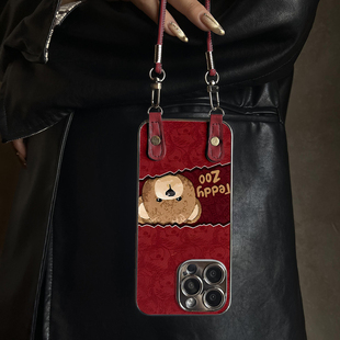 适用于苹果17promax手机壳带挂绳酒红小熊iphone14 xr女13PRO 16pro套硅胶xs全包防摔斜跨15ultra套网红11新款