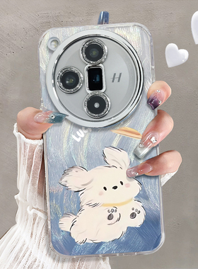 自带镜头膜适用于OPPOFINDx7Ultra手机壳蓝晕染狗高级感水钻精孔FINDX6PRO外硅胶全包防摔oppofindx5套新款女