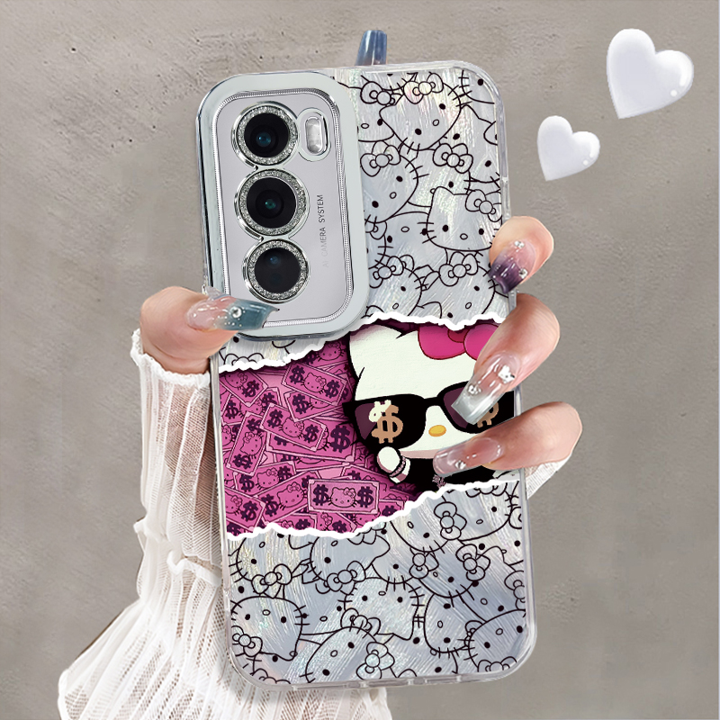 自带镜头膜适用OPPOReno12Pro手机壳水钻暴富猫咪高级感Reno9/10pro十外硅胶全包防摔新款女opporeno11pro套