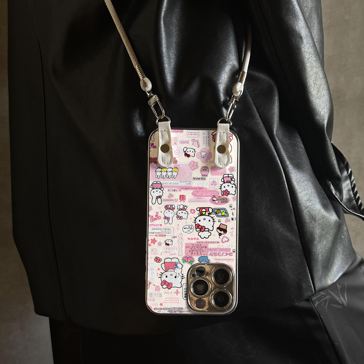 适用于苹果17promax手机壳带挂绳粉框KT猫iphone14/16pro套硅胶xs全包防摔斜跨15ultra套网红11新款xr女13PRO