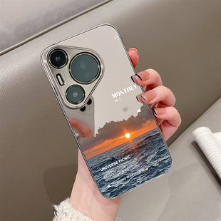 用于华为pura70proUltra手机壳镜面夕阳海景p40高级感p50e硅胶全包防摔P60外新款网红男女潮牌P70pro十套硬