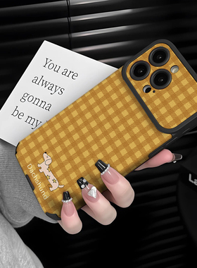 适用于苹果17promax手机壳带挂绳黄色格纹iphone14/16pro套硅胶xs全包防摔斜跨15ultra套网红11新款xr女13PRO