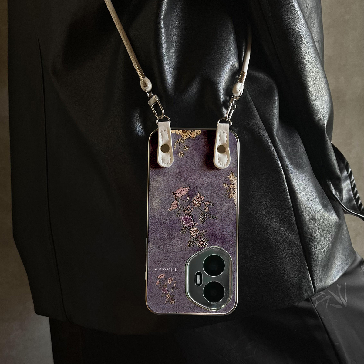 适用于荣耀400Pro手机壳紫色叶花华为x70斜跨x40/50全包100防摔90新款女60/70/80外2/300带挂绳magic7/6pro套