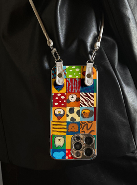 适用于苹果17promax手机壳带挂绳彩绘动物iphone14/16pro套硅胶xs全包防摔斜跨15ultra套网红11新款xr女13PRO