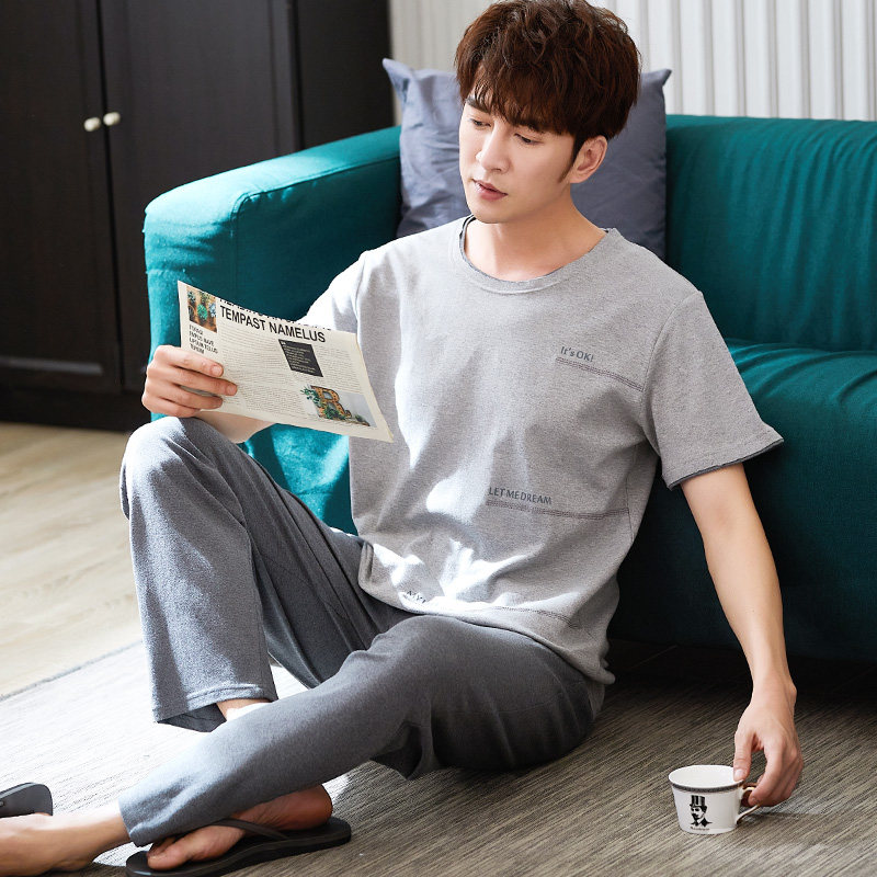 睡衣男士夏季薄款短袖长裤家居服男式春夏全棉夏天休闲居家服套装