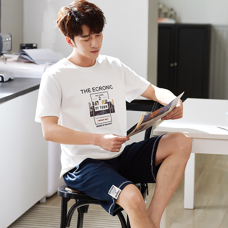 睡衣男士夏季纯棉薄款短袖短裤家居服青年夏天男款全棉居家服套装