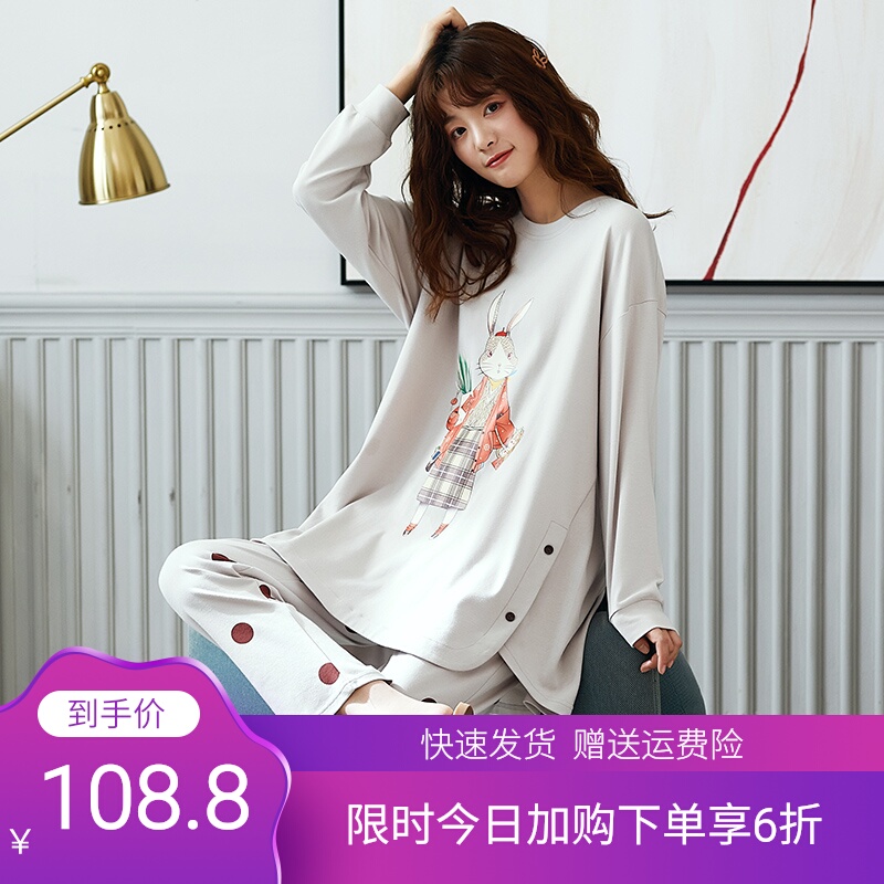 睡衣女纯棉长袖秋卡通长款套装春秋全棉宽松大码秋冬可出门家居服