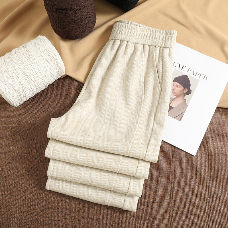 人字纹加绒阔腿裤子女秋冬2025蚕丝羊毛裤直筒休闲窄版毛呢裤