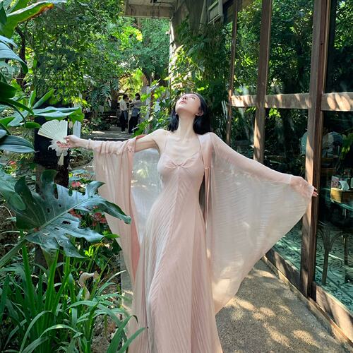 MOSS STUDIO花月夜新中式麻感鎏光开衫外套+吊带连衣裙套装女