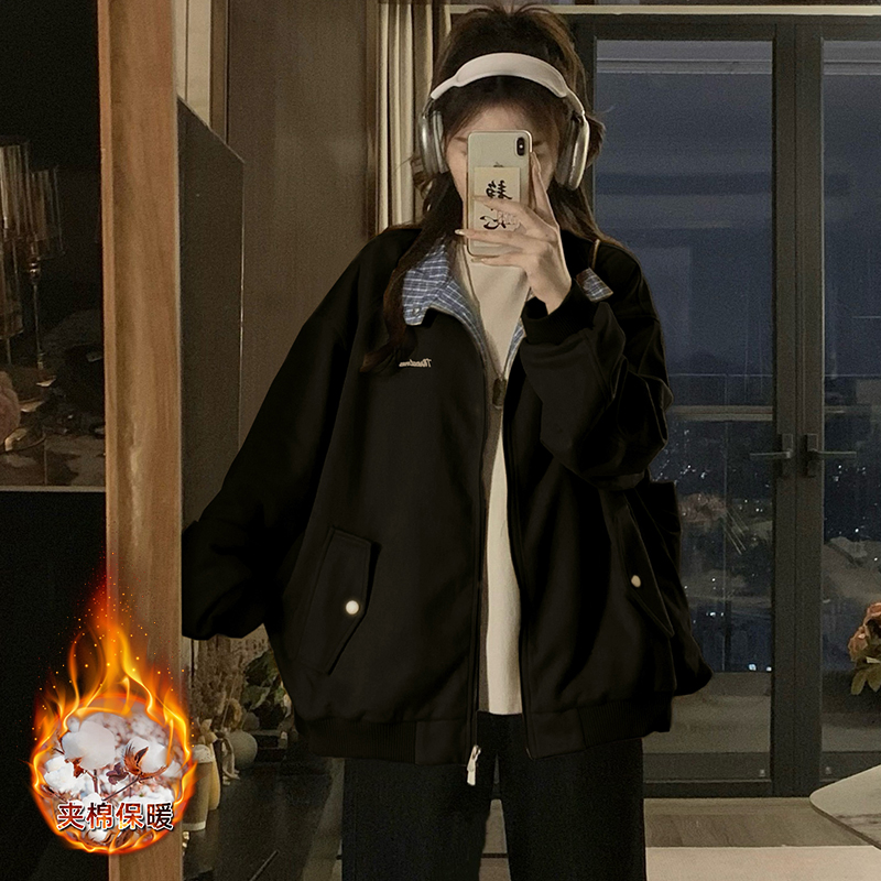 实拍格子拼接麂皮绒夹棉外套女款秋冬季保暖棒球服休夹克棉服上衣