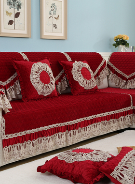 婚庆喜庆沙发垫子红色盖布巾新中式结婚实木真皮布艺套罩毛绒坐垫