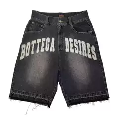 European and American Streetwear Washed Distressed Fringe Loose Men's Denim Shorts American Retro Letter Black Gray Shorts