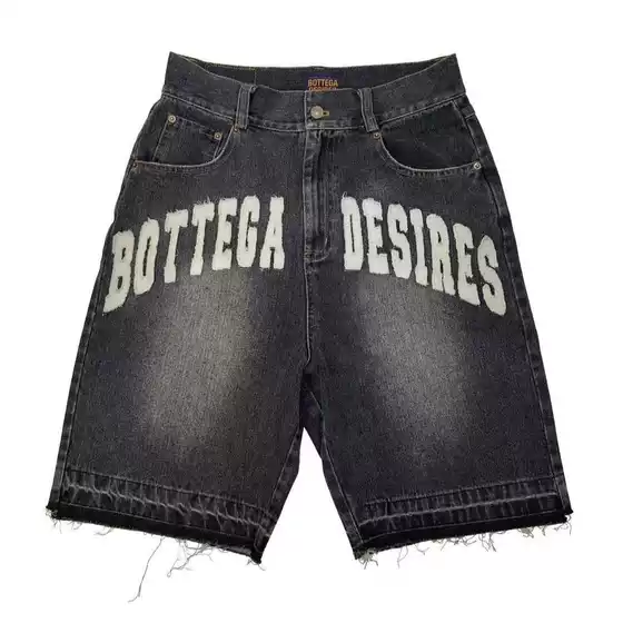 European and American Streetwear Washed Distressed Fringe Loose Men's Denim Shorts American Retro Letter Black Gray Shorts