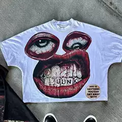 Men's T-Shirt Y2K Cotton Men's Harajuku Street Hip-Hop Big Eyes and Mouth Pattern Printed Oversized Classic Short-Sleeved Top