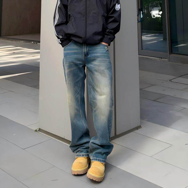 美式复古做旧直筒牛仔裤男女黄泥染水洗阔腿长裤高街宽松老爹裤子