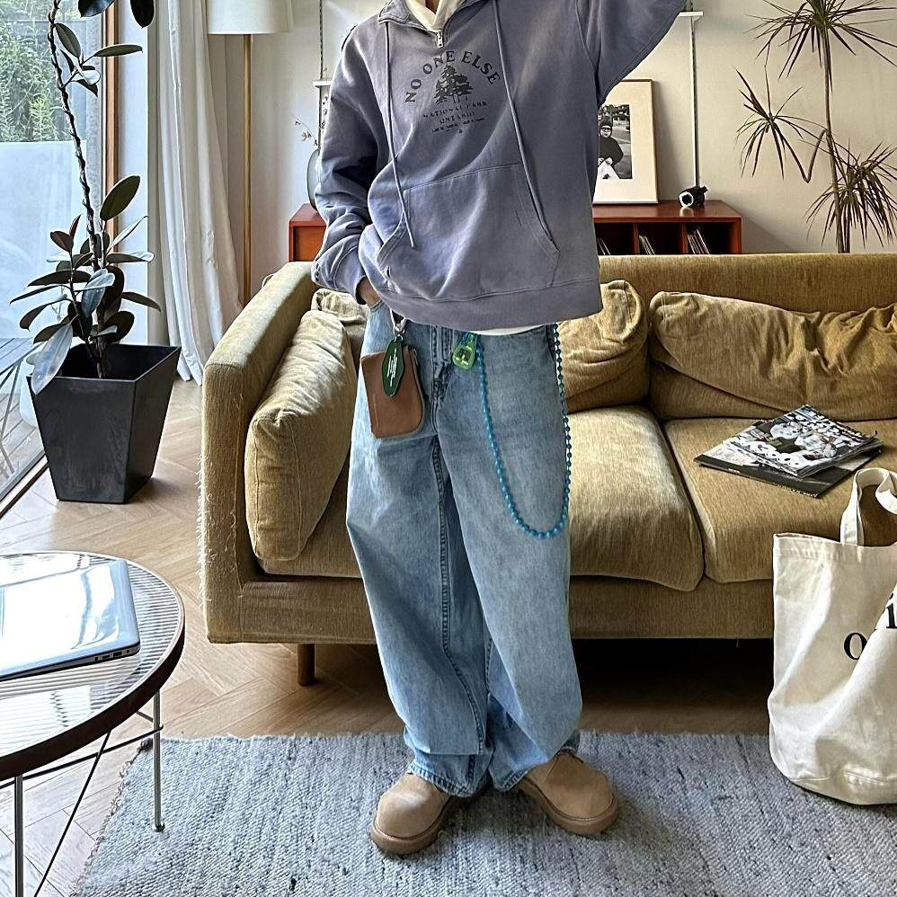 美式水洗男士牛仔裤复古重工浅蓝色宽松阔腿拖地裤春秋季潮男简约