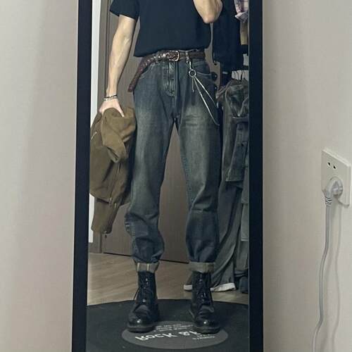 美式复古潮牌重磅宽松直筒牛仔裤