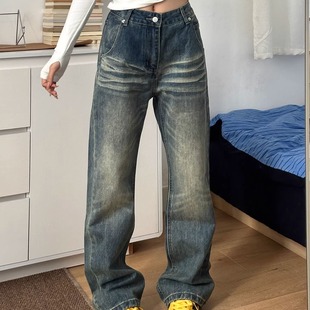 复古做旧水洗阔腿牛仔裤 磨白工高腰显比例宽松潮酷休闲日常通勤